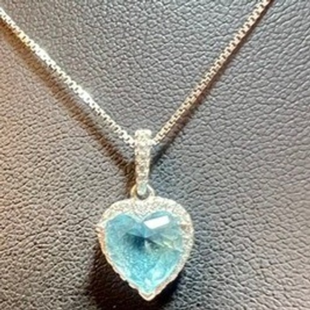 Sterling Silver CZ Necklace‎ Blue Heart Halo Cubic Zirconia - Picture 14 of 14